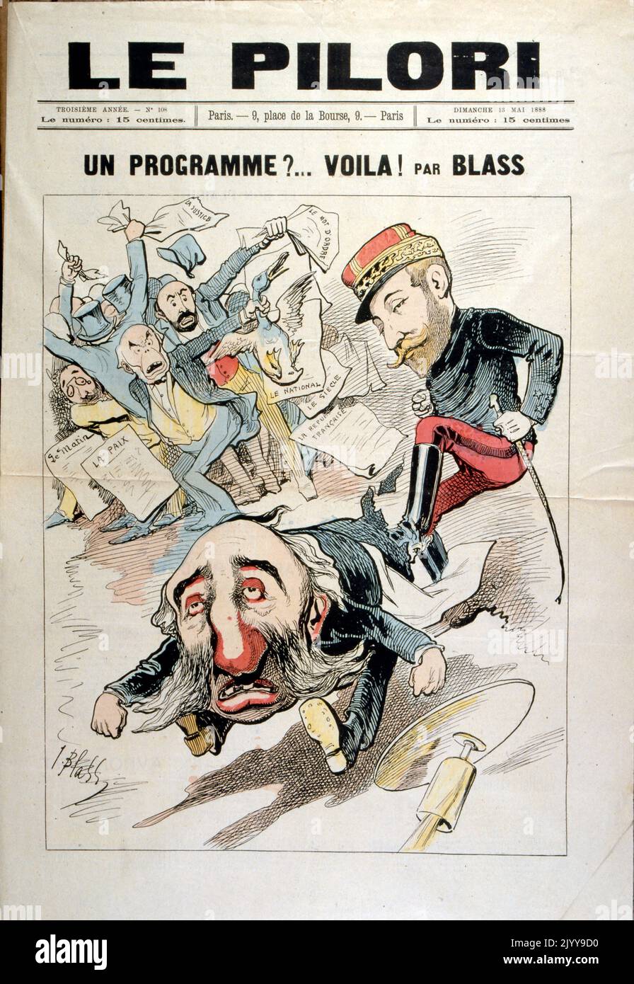 Illustrazione colorata di un politico che viene cacciato da dietro da una folla arrabbiata. Headline 'Un programma? Ecco qui!' Illustrato da BLASS'. Del 15 maggio 1888. Foto Stock
