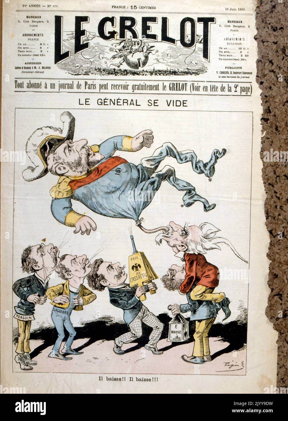 Prima pagina di le Grelot intitolata 'il generale empties'. Gli uomini esclamano 'sta scendendo, sta scendendo.' Le Grelot era una rivista asatirica repubblicana e anticlericale edita da Arnold Mortier. Del 10 giugno 1888. Foto Stock