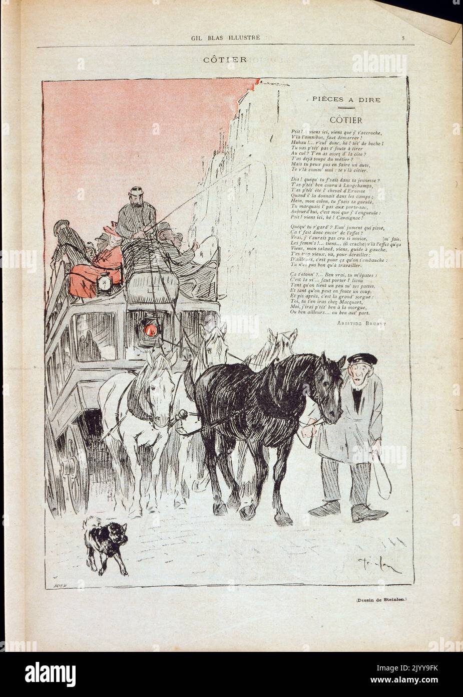 Poema illustrato 'Cotier' con illustrazione di carrozza e allenatore trainato da cavalli. Illustrazione di Steinlen. Da 'in the Streets: Songs and Monologes' di Aristide Bruant (1851-1925) Foto Stock