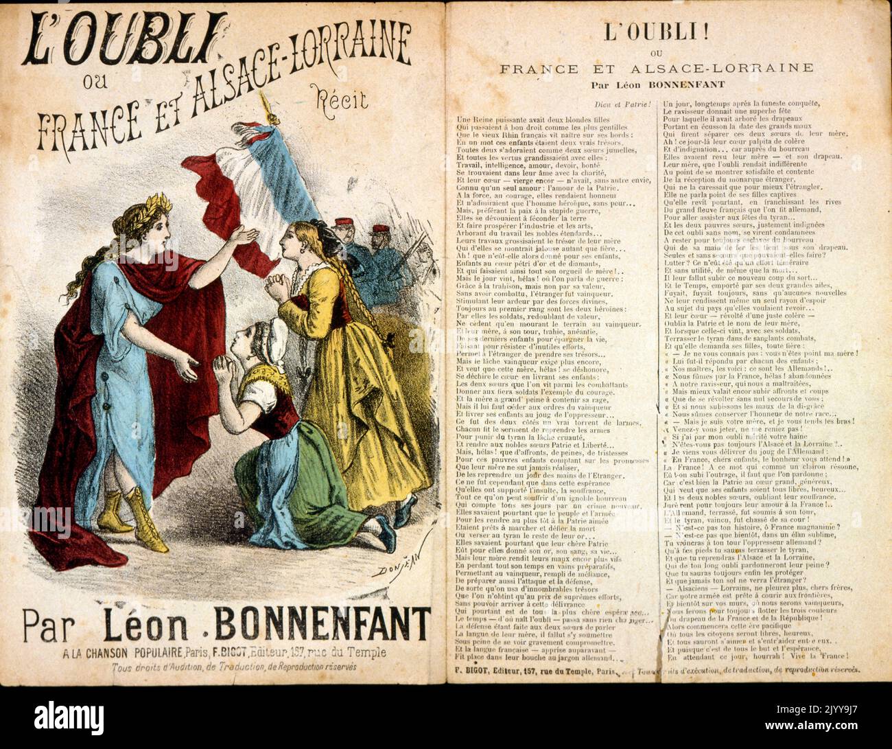 L'illustrazione colorata accompagna una poesia e un recital di Leon Bonnenfant. Signore che supplicano l'imperatrice o la regina . Il poema si intitola 'The Forgotten or France and Alsace-Lorraine'. Foto Stock