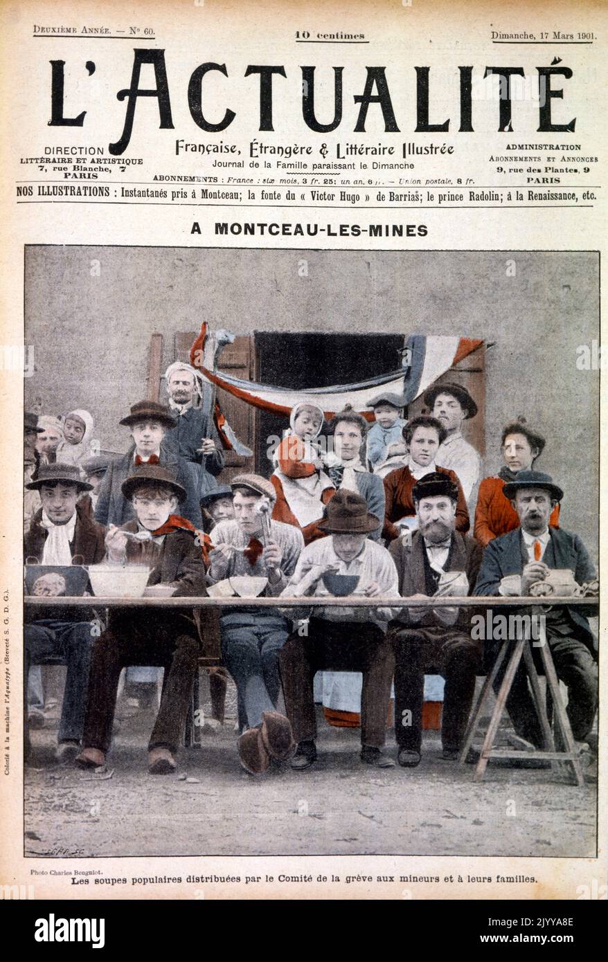 Dal giornale «l'Actualite» del 17 marzo 1901. Fotografia colorata a mano dei minatori e delle loro famiglie che mangiano zuppa. Foto Stock
