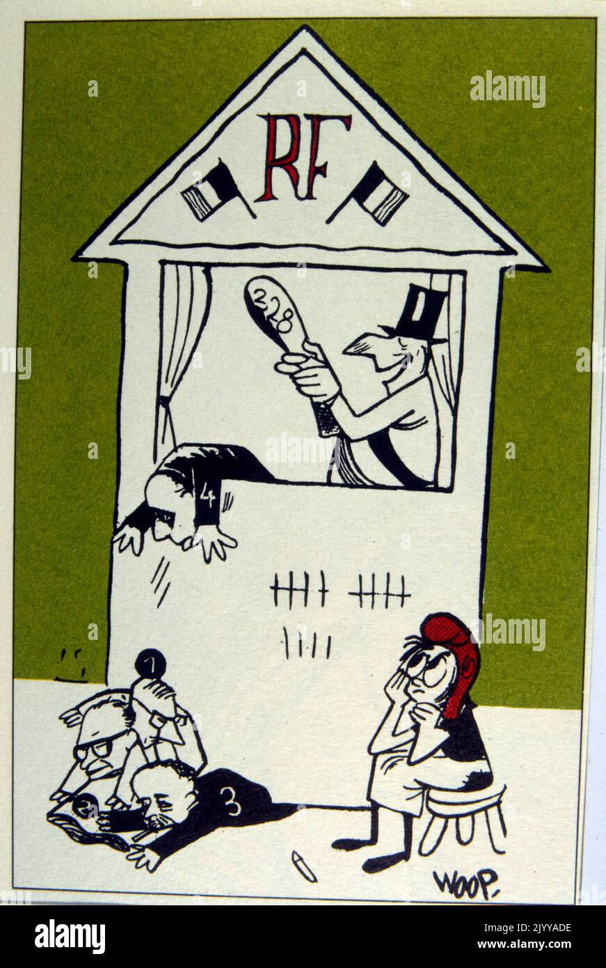 L'illustrazione colorata di un pugno e Judy mostrano personificare figure politiche in modo satirico. Illustrato da Woop. Foto Stock