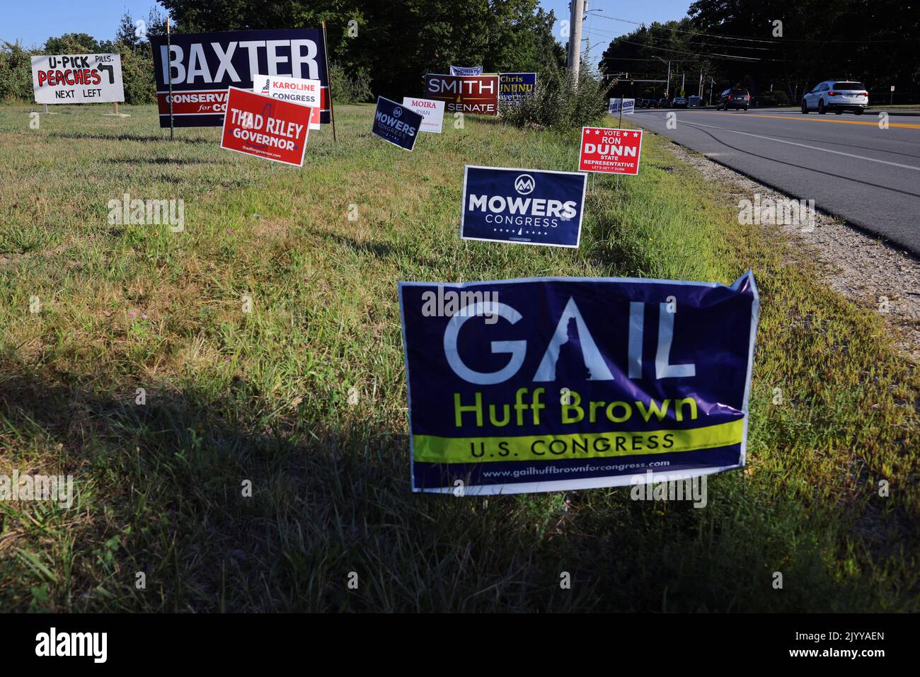 I segnali della campagna, tra cui uno per il candidato repubblicano al Congresso americano Gail Huff Brown, sono in linea con le prossime elezioni primarie del New Hampshire a Londonderry, New Hampshire, Stati Uniti, 8 settembre 2022. REUTERS/Brian Snyder Foto Stock
