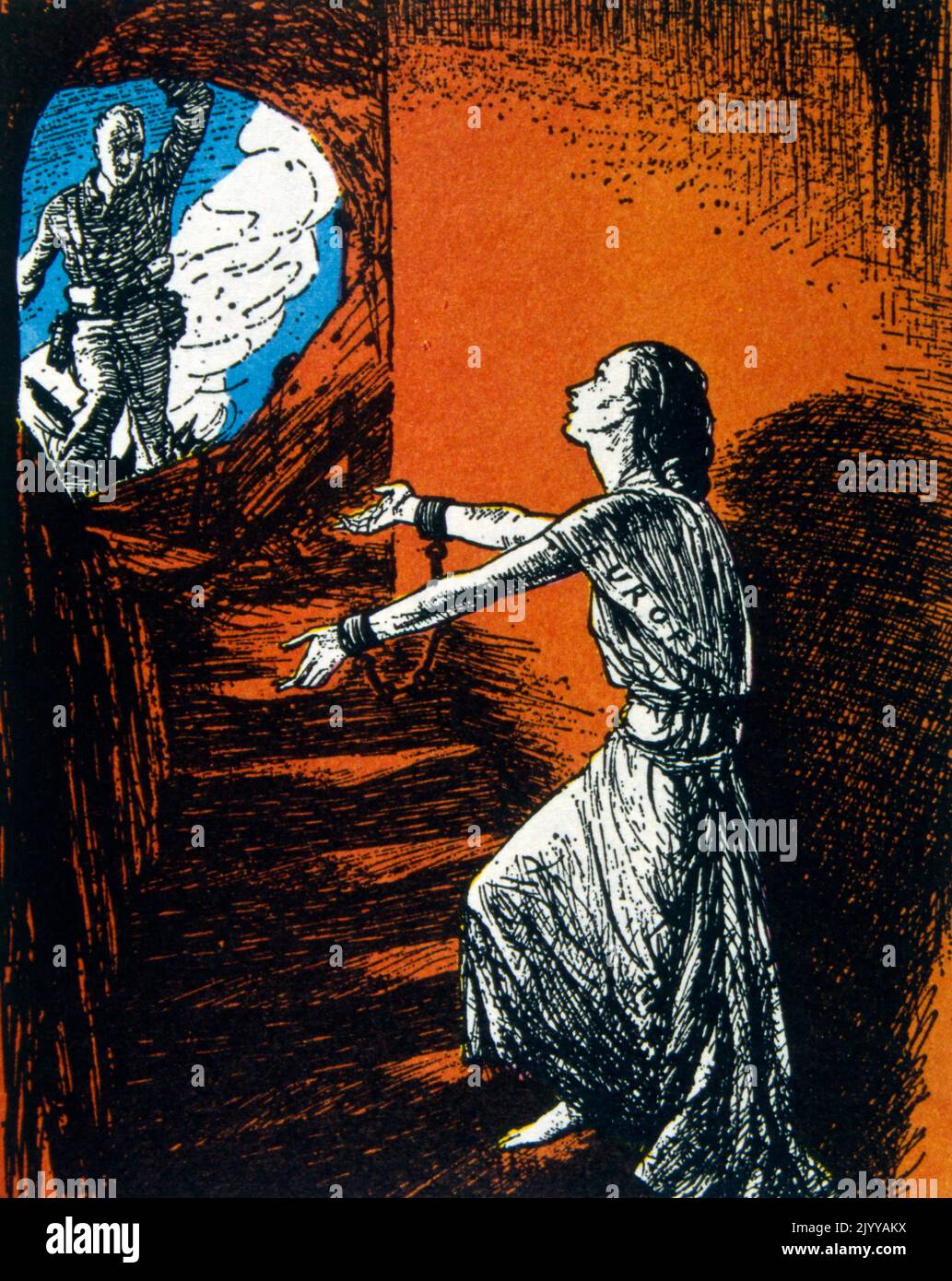 Illustrazione colorata di un soldato americano che salva una donna. Si trova in cima a una buca che rappresenta gli Stati Uniti e una donna in schiavitù e catene sale le scale che rappresentano l'Europa. Foto Stock