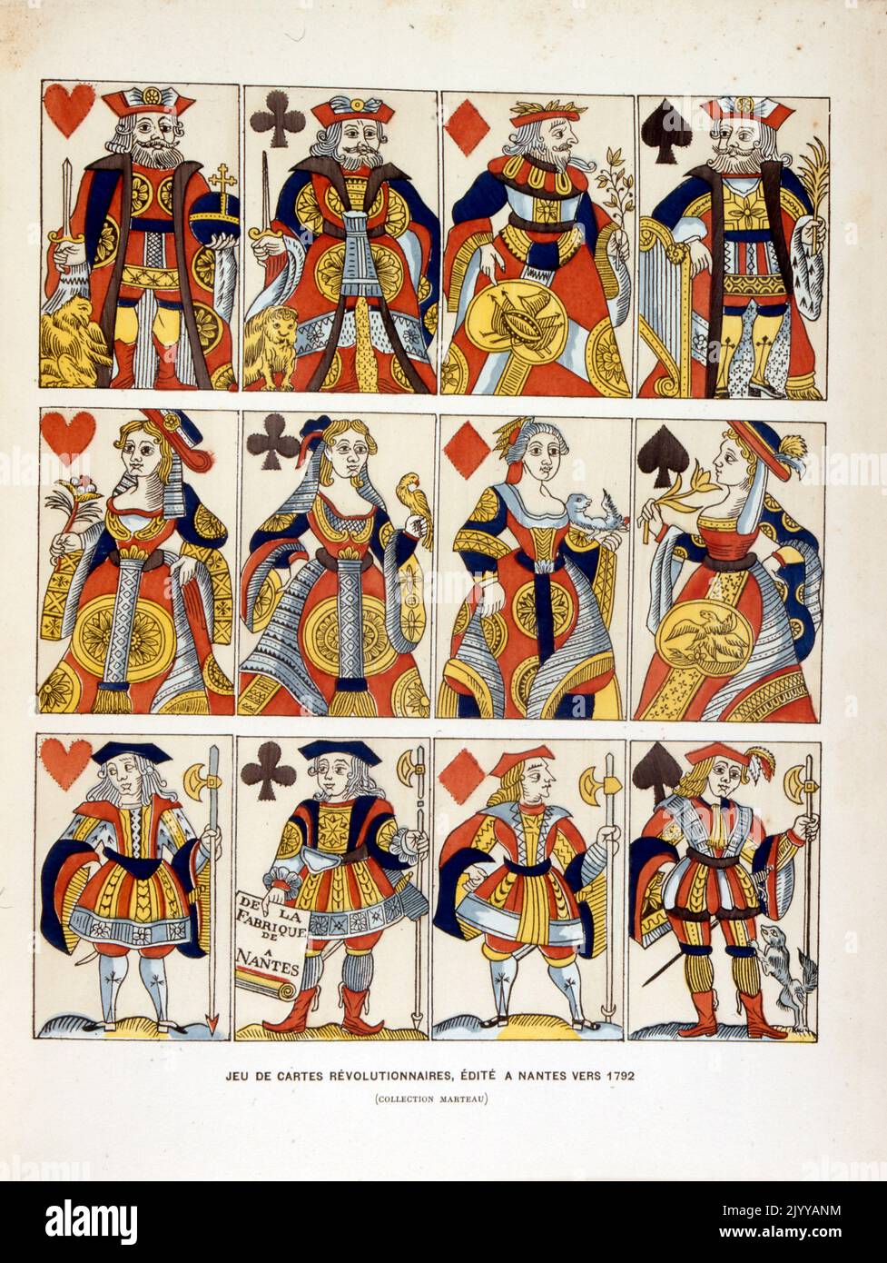 Illustrazione colorata di un pacchetto di carte da gioco. Didascalia: 'Rivoluzionari, pubblicato Nantes 1792' Foto Stock