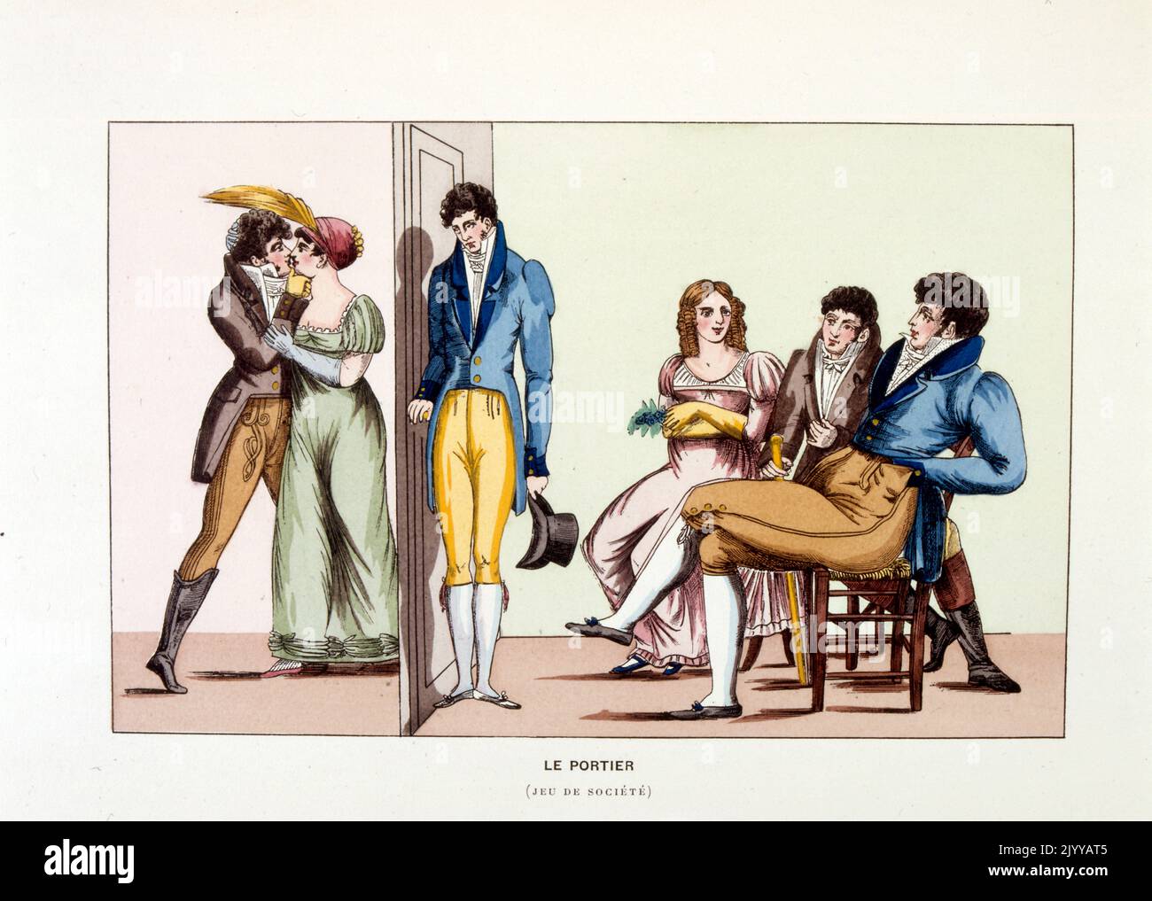 Acquerello Illustrazione intitolata 'il Doorman'. Una coppia bacia dietro una porta chiusa mentre gli altri aspettano nell'altra stanza. Foto Stock