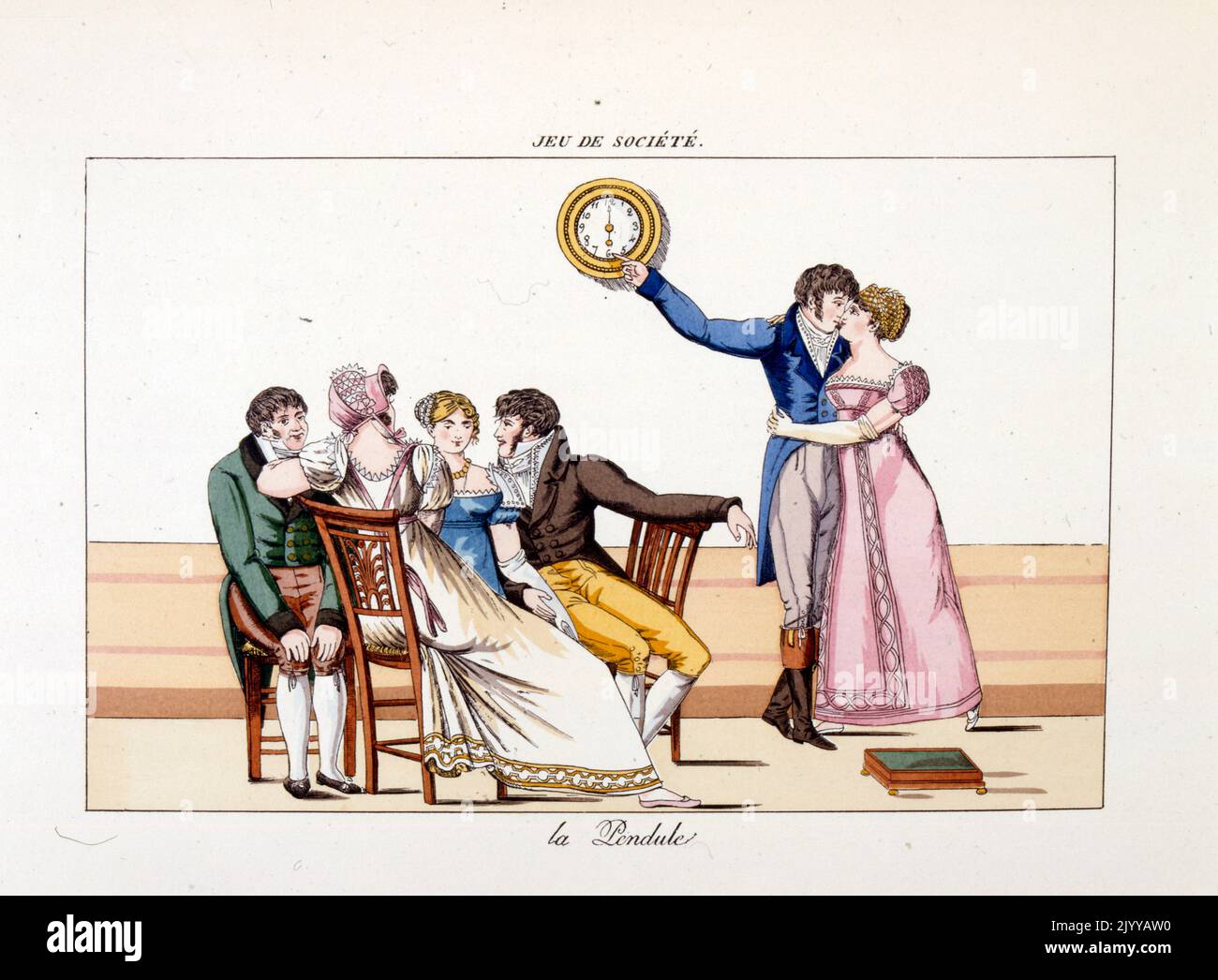 Acquerello Illustrazione intitolata 'l'orologio'. L'immagine mostra una coppia che bacia mentre gli altri si siedono e parlano. Foto Stock
