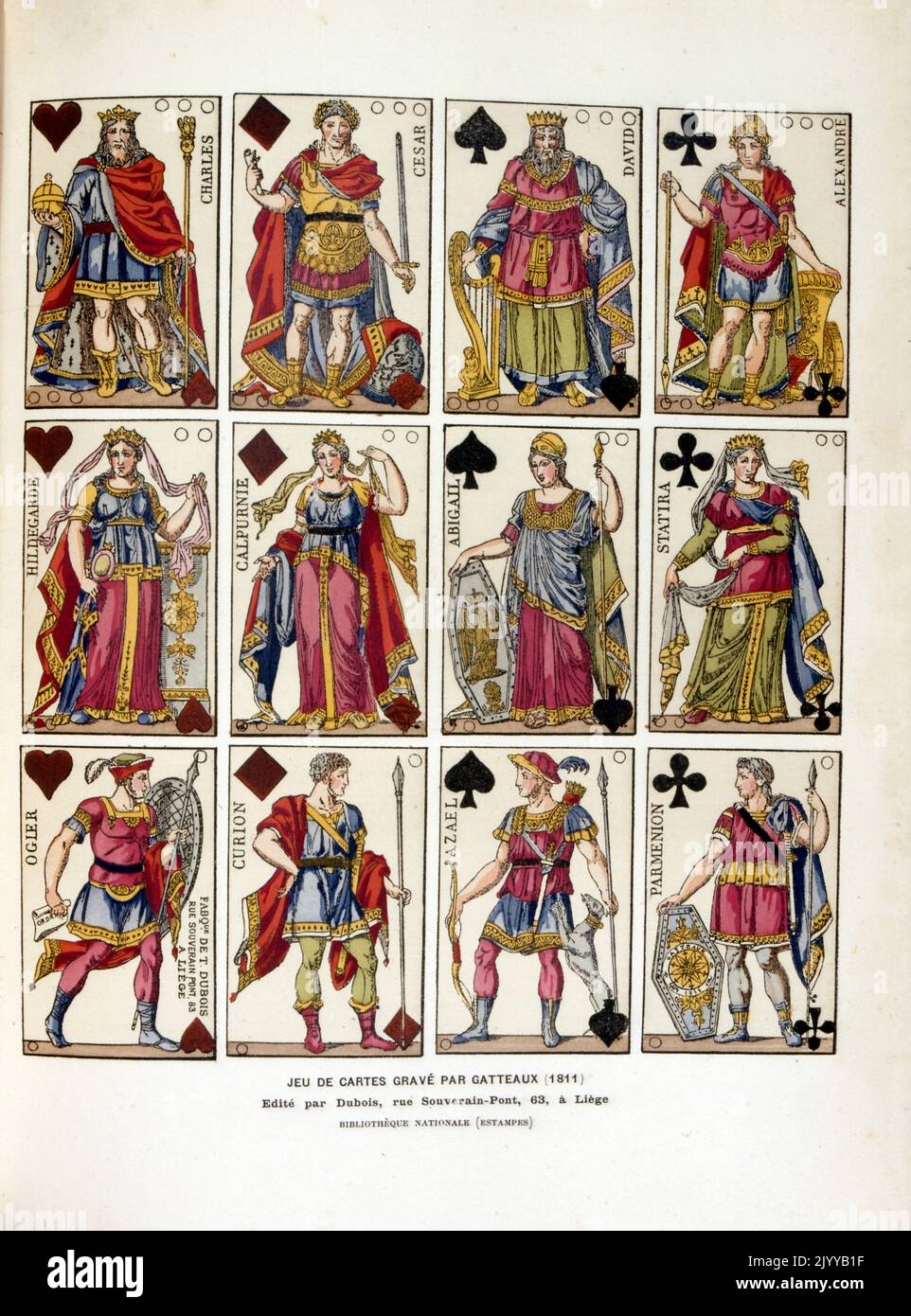 Illustrazione colorata delle carte da gioco incise da Gateaux (1811). Stampato da Dubois a Liegi. Foto Stock