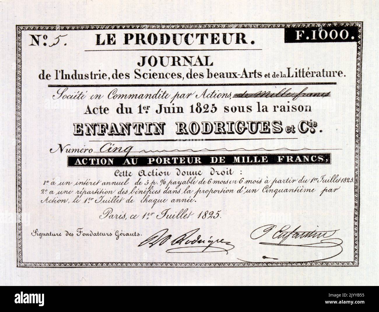 Immagine in bianco e nero di un certificato o di una banconota da 1000 franchi datata 1 luglio 1825, rilasciato dal Journal of Industry, the Sciences, the fine Arts and Literature. Foto Stock