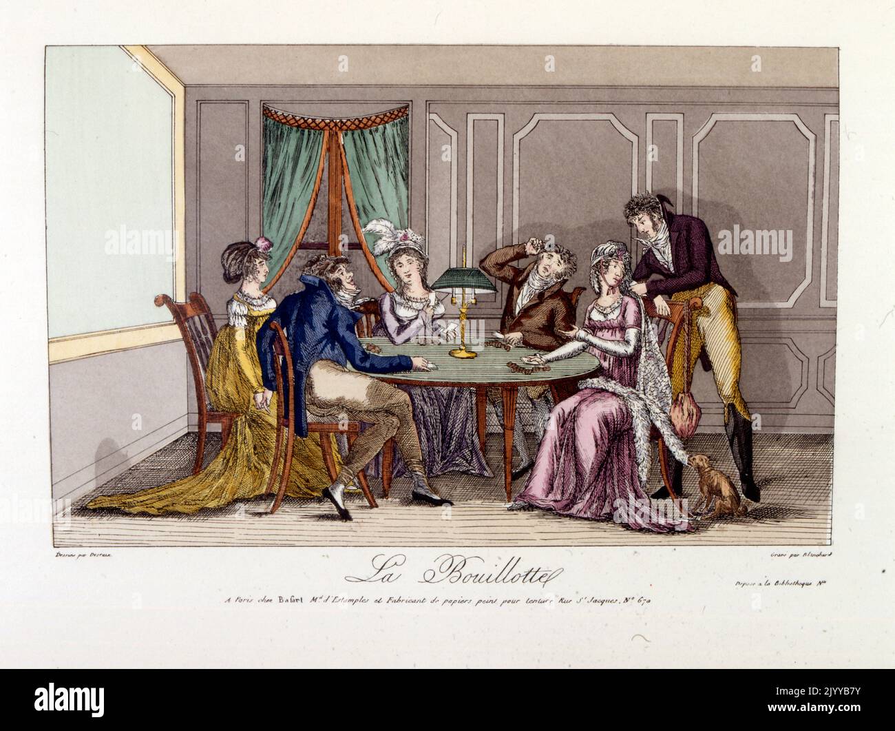 Illustrazione colorata di Signore e signori ad un tavolo che gioca la BOUILLOTTE set a Parigi, all'inizio del 19th ° secolo. Foto Stock