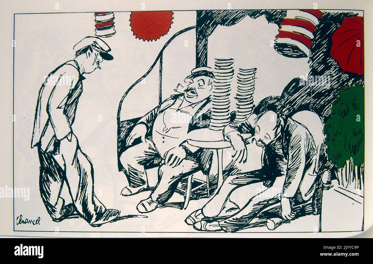 Illustrazione satirica raffigurante gli uomini affaticati che contano i loro soldi su un tavolo; firmato Shankel. Foto Stock