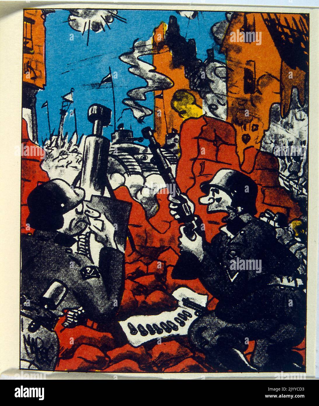 Illustrazione colorata raffigurante due soldati che si coprono dietro un muro di una città distrutta. Firmato MAR Foto Stock