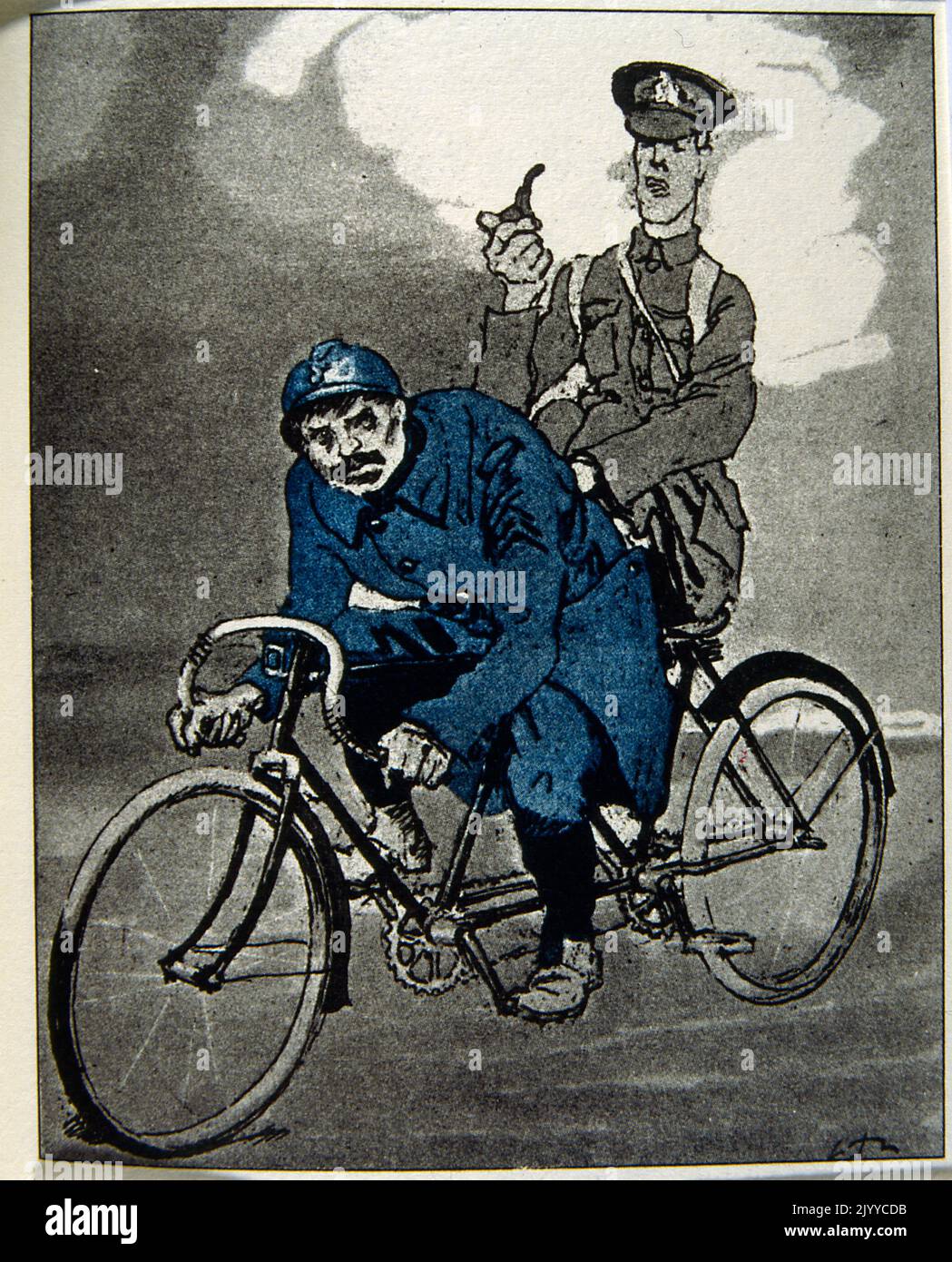 Illustrazione colorata di due uomini su una bicicletta; uno vestito di blu si appoggia sul manubrio che rappresenta la Russia; l'altro seduto dietro fumare un tubo che rappresenta la Gran Bretagna o gli Stati Uniti. Foto Stock