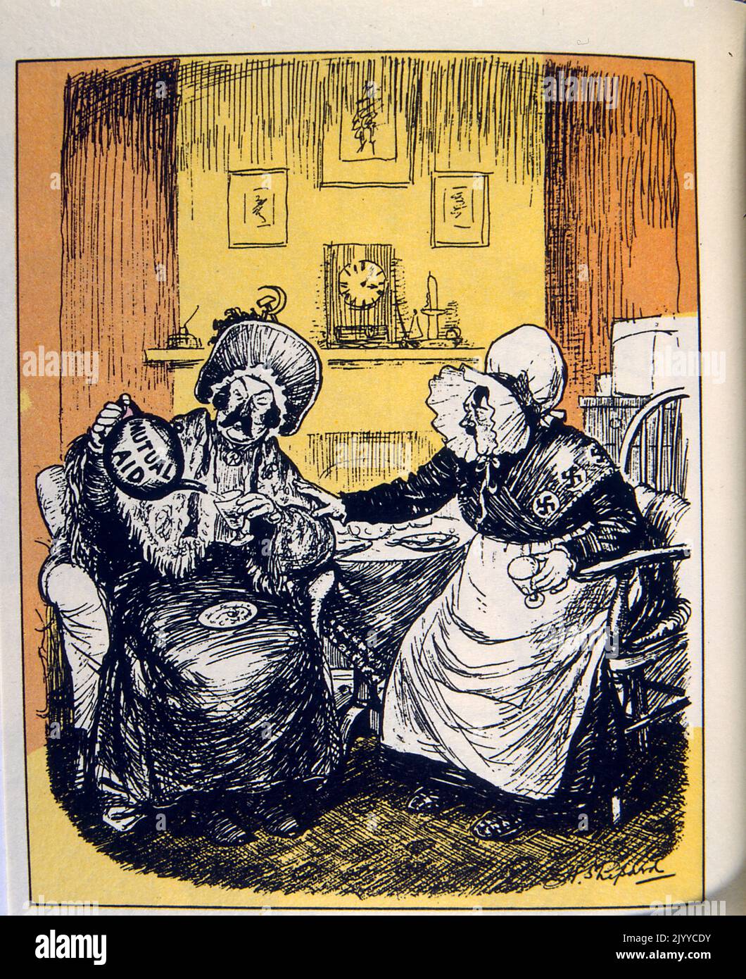 Illustrazione satirica di due hags con volti maschili. Un uomo assomiglia a Hitler e l'altro a Stalin. Il torma russo versa il tè da una pentola etichettata "mutuo soccorso". Foto Stock