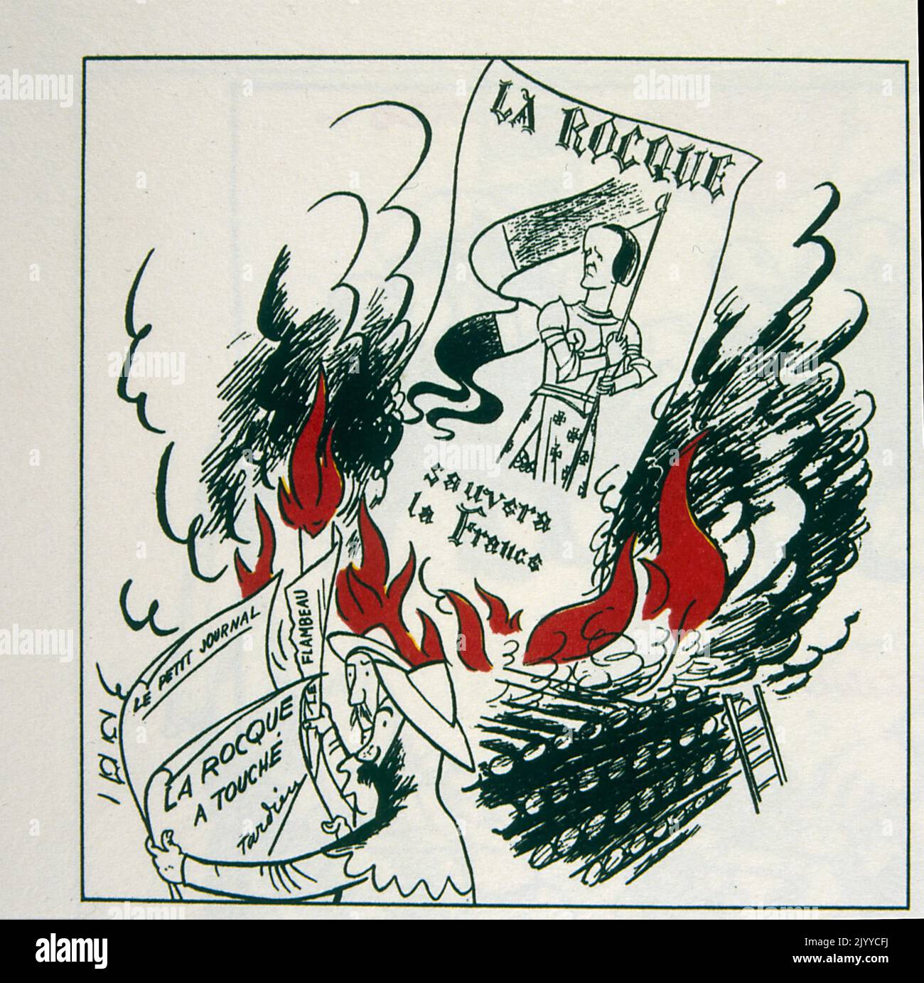 Illustrazione satirica raffigurante una bandiera incendiata intitolata "la Rocque: Saviours of France", allusione a Michel Rocard, politico e primo ministro francese dal 1988 al 1991, durante la quale ha creato il Revenu Minimum d'Insertion (RMI), un programma sociale di benessere minimo Foto Stock
