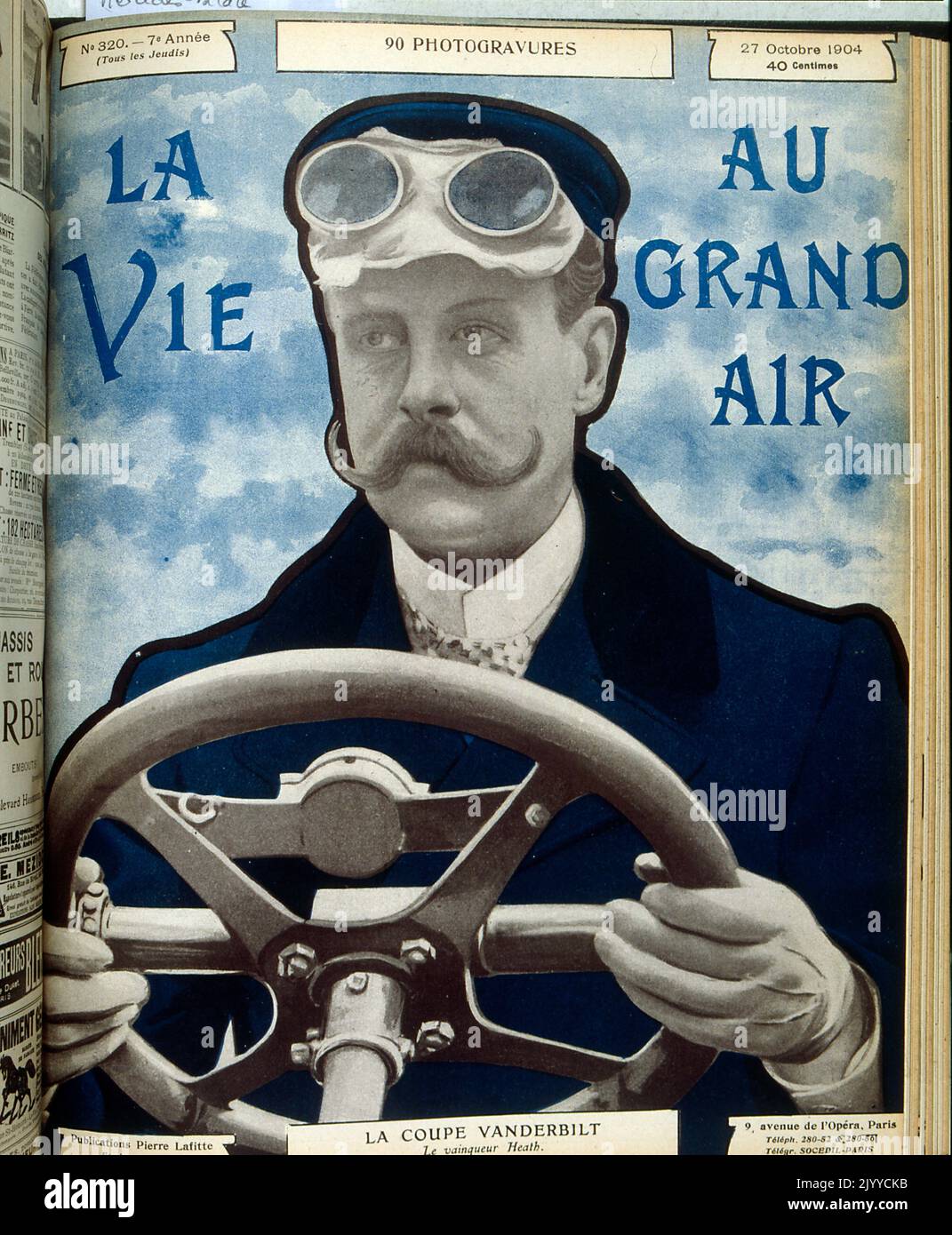 Fotografa all'interno della rivista lifestyle la vie au Grand Air; un uomo al volante di un'auto; fa pubblicità a un'auto chiamata Coupe Vanderbilt. Del 27 ottobre 1904. Foto Stock
