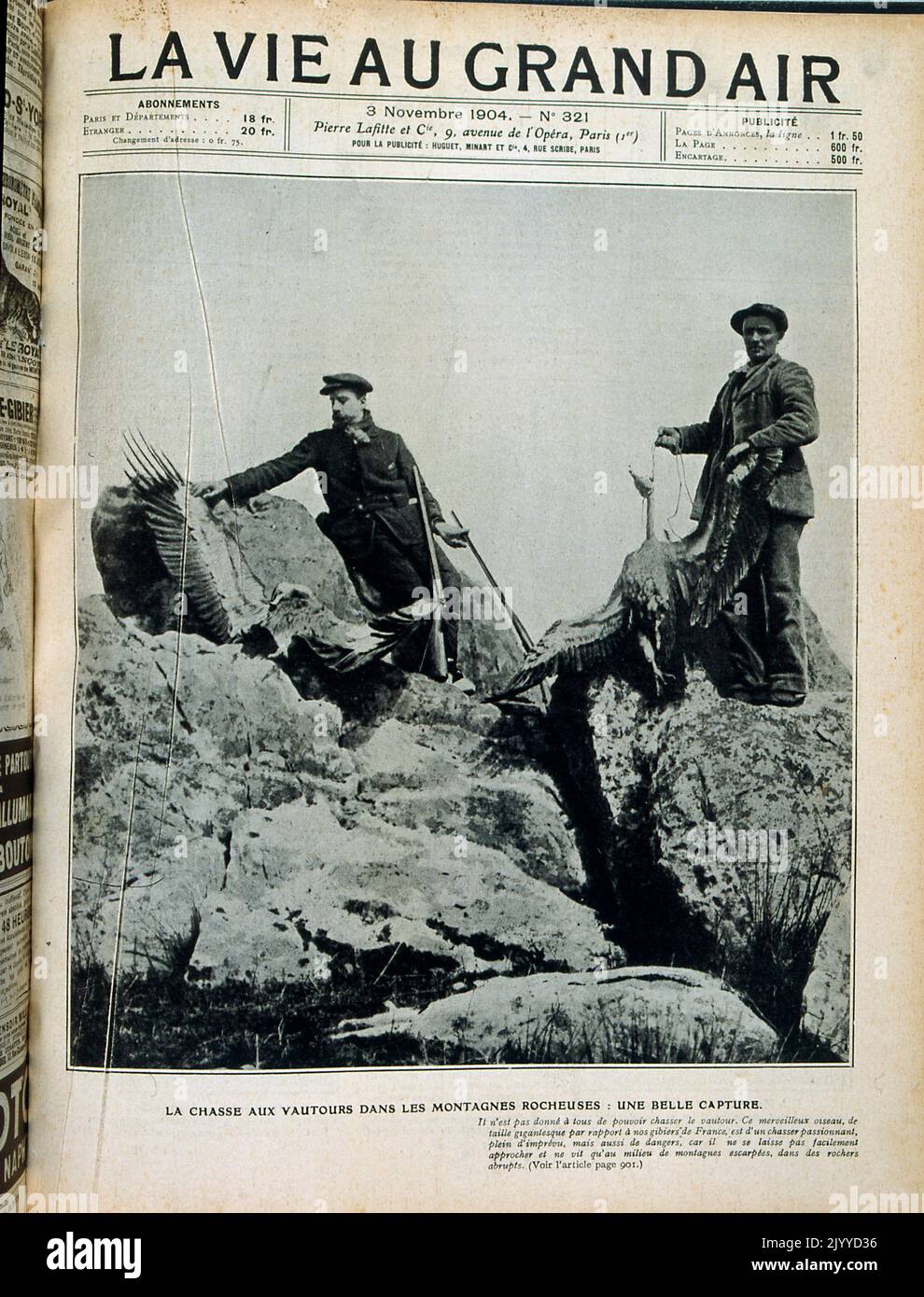 Dalla rivista la vie au Grand Air (Life in the Outdoors); fotografia in bianco e nero della caccia alle Montagne Rocciose, datata 3 novembre 1904. La caccia Vautours. Foto Stock