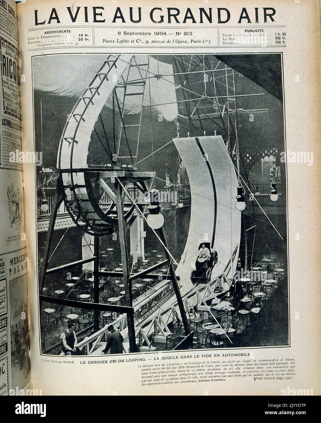 Dalla rivista la vie au Grand Air (Life in the Outdoors); copertina in bianco e nero di una prima creazione di un loop in un montagne russe, datata 8 settembre 1904. Foto Stock