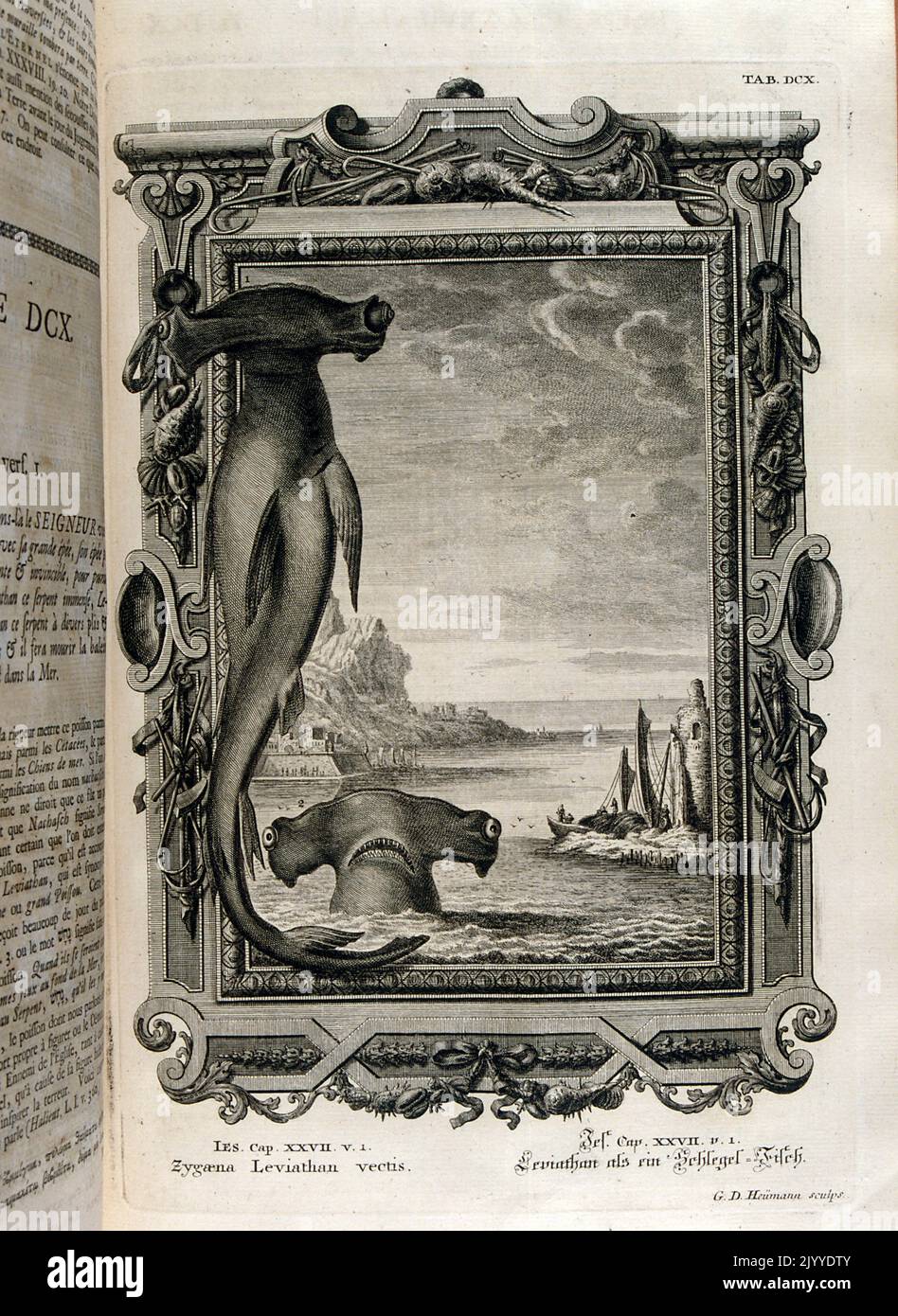 Incisione raffigurante una scena da incubo di un mostro che alza la testa sopra l'acqua in un porto. Un altro mostro sembra uscire dal dipinto; l'immagine è intitolata 'Leviathan'. L'illustrazione è impostata all'interno di una cornice ornata. Foto Stock