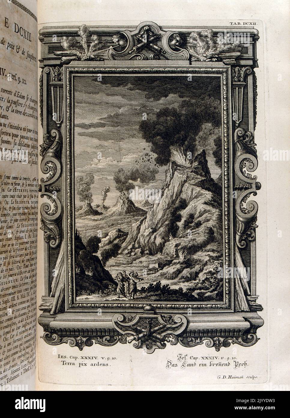 Incisione raffigurante una scena di montagne rocciose e vulcani esplosi. L'illustrazione è impostata all'interno di una cornice ornata. Foto Stock