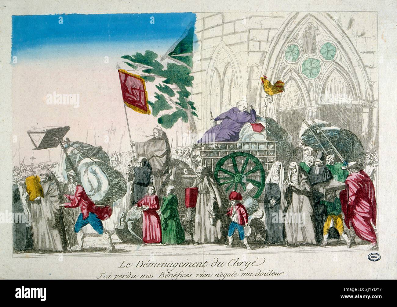 Illustrazione colorata raffigurante l'evacuazione del clero all'inizio della Rivoluzione francese. Foto Stock