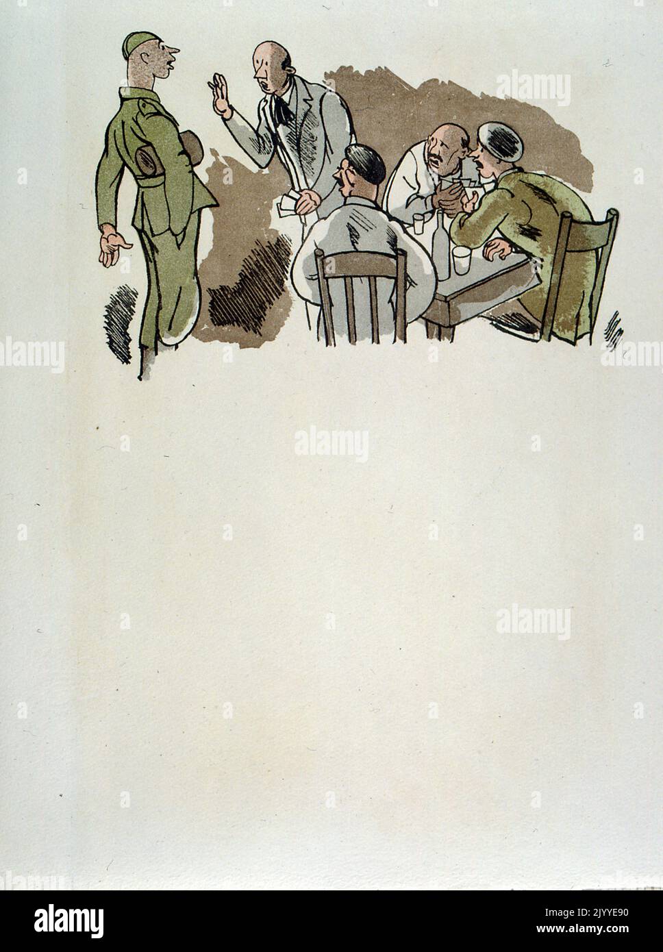 Illustrazione colorata raffigurante i soldati che parlano con gli ufficiali medici dell'esercito. Foto Stock