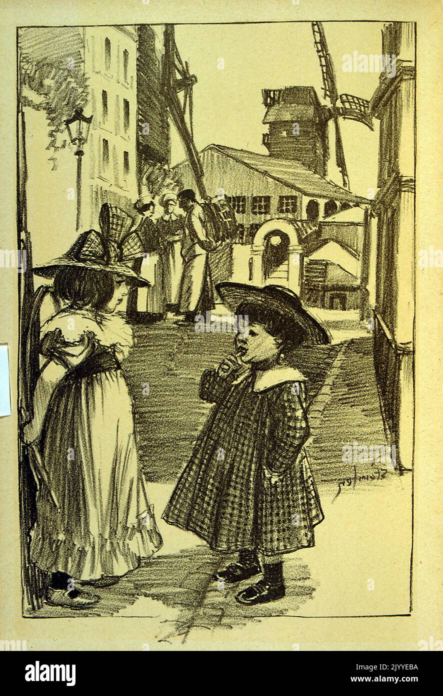 Carbone Illustrazione di due bambini in una strada in una delle strade posteriori dietro il Moulin Rouge. Illustrato da Theophile Steinlen (1859-1923), pittore e stampatore Art Nouveau franco-svizzero. Foto Stock
