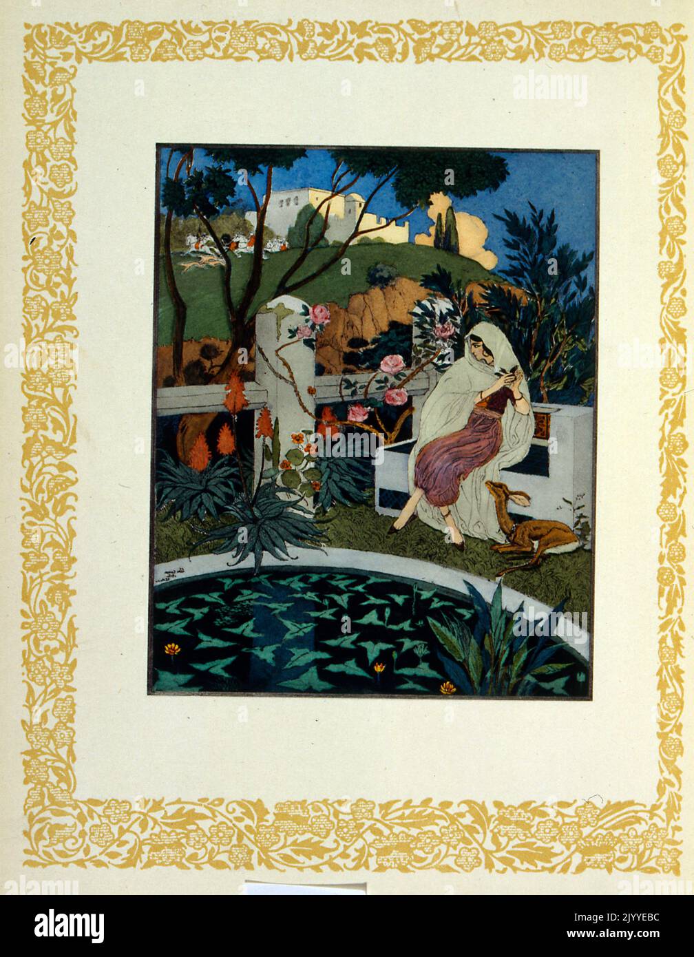 Dipinto colorato raffigurante una donna seduta su una panchina che odora le rose accanto a una piscina. Foto Stock