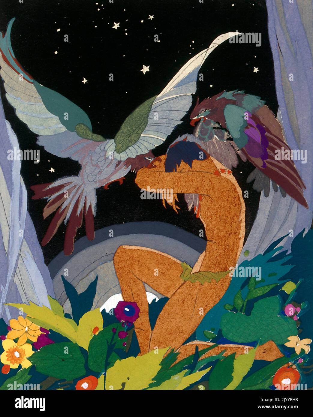 Illustrazione colorata raffigurante un uomo in uno sfondo esotico ricco di natura e due uccelli. Foto Stock