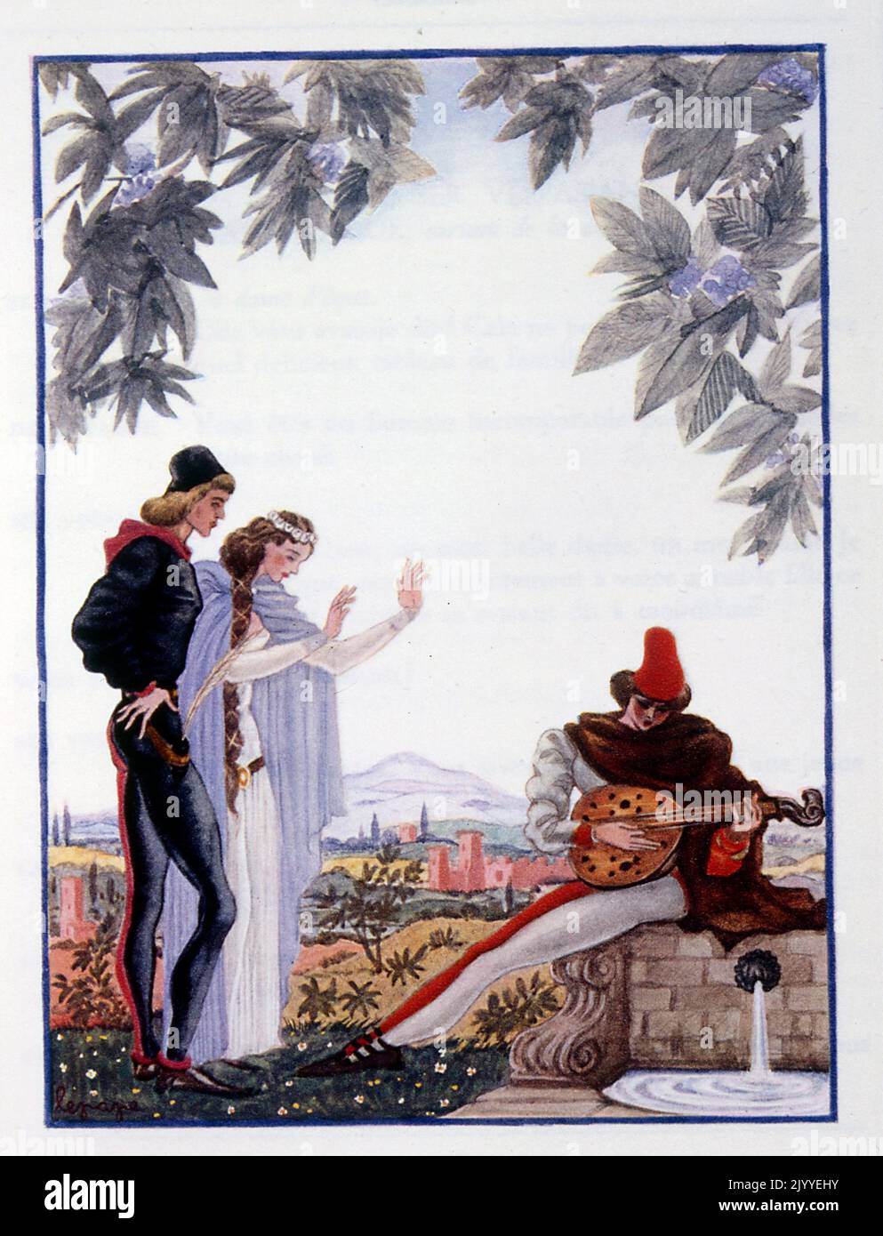 Illustrazione colorata raffigurante una scena medievale di un trovatore che suona la sua lira ad una giovane coppia. Foto Stock