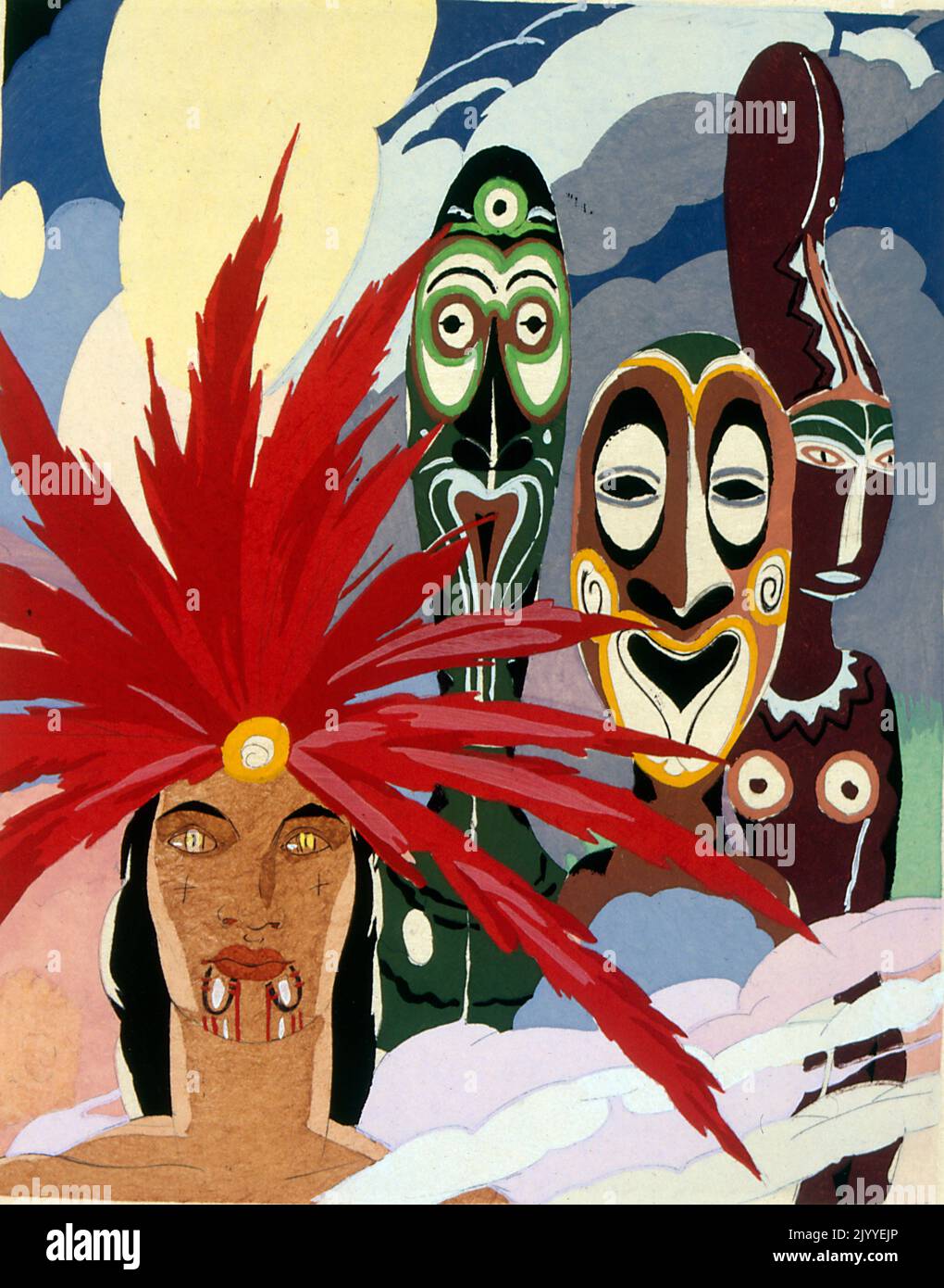 Illustrazione colorata raffigurante un uomo con un erpeto di piuma di uccello del paradiso, circondato dalle arti e dall'artigianato del fiume Sepik; sembra provenire dalla regione del fiume Sepik in Papua Nuova Guinea. Foto Stock