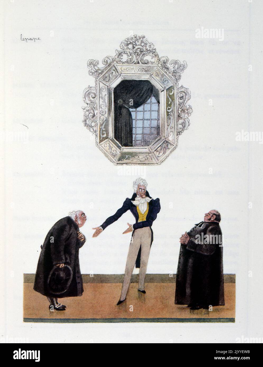 Illustrazione raffigurante tre uomini ben vestiti in piedi in una sala sotto un grande specchio d'argento ornato. Di Georges Lepape (1887-1971), artista, illustratore e stilista francese. Foto Stock