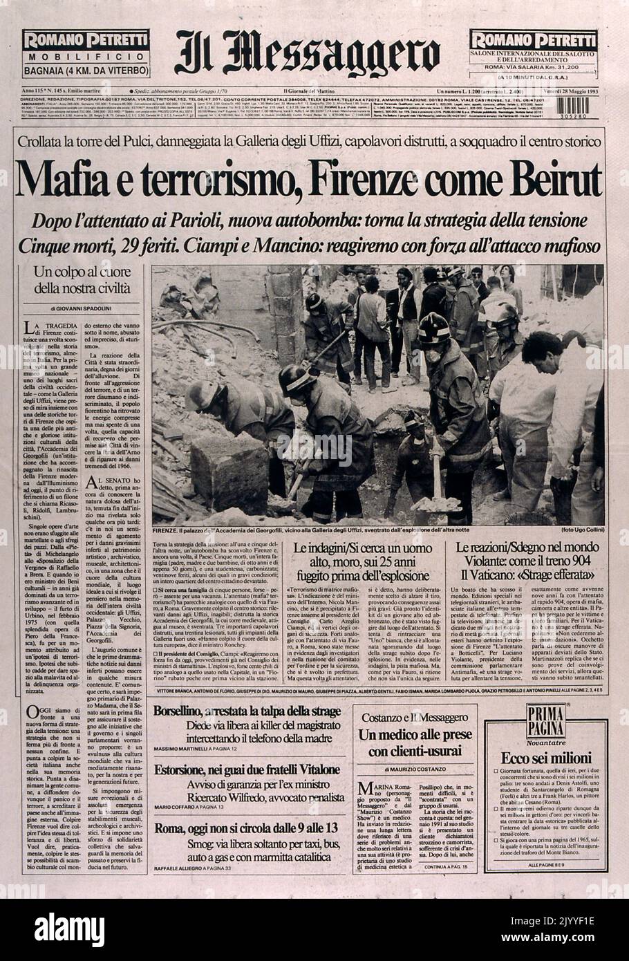Prima pagina del giornale italiano "il Messaggero", datato 28 maggio 1993. Il titolo recita: "Mafia e terrorismo: Firenze è come Beirut”. Foto Stock