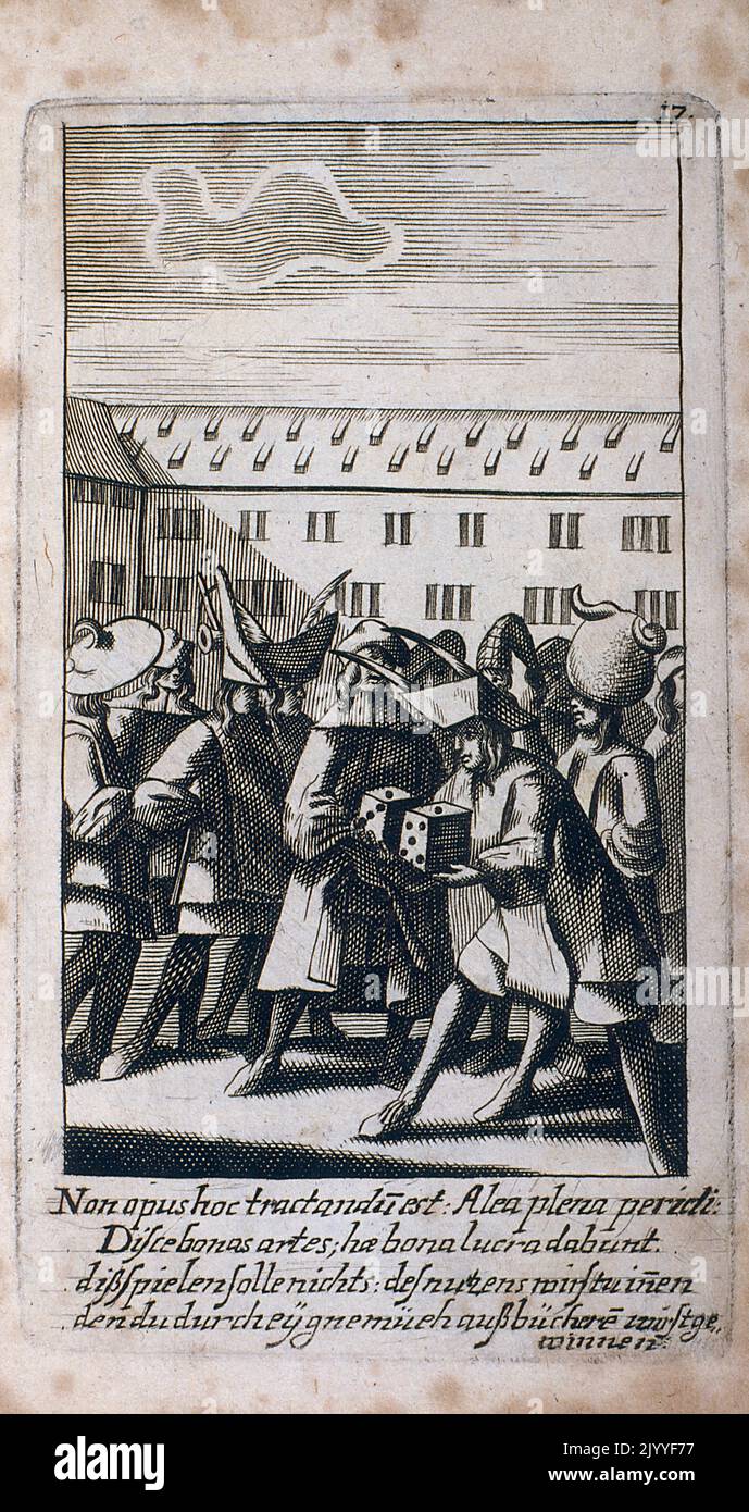 Incisione in stile medievale raffigurante un uomo raccolto in strada con un paio di dadi. Foto Stock