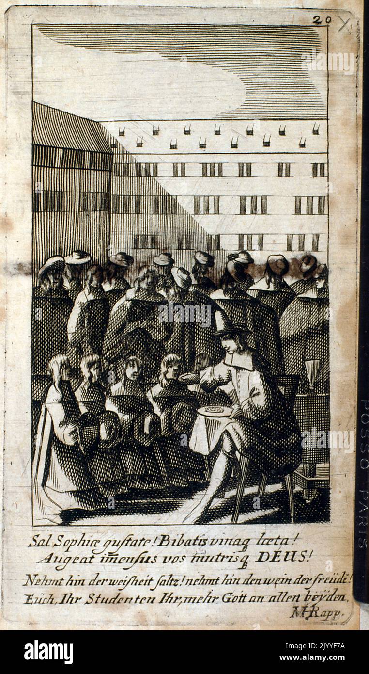 Incisione in stile medievale raffigurante uomini in ginocchio che ricevono l'ospite. Foto Stock