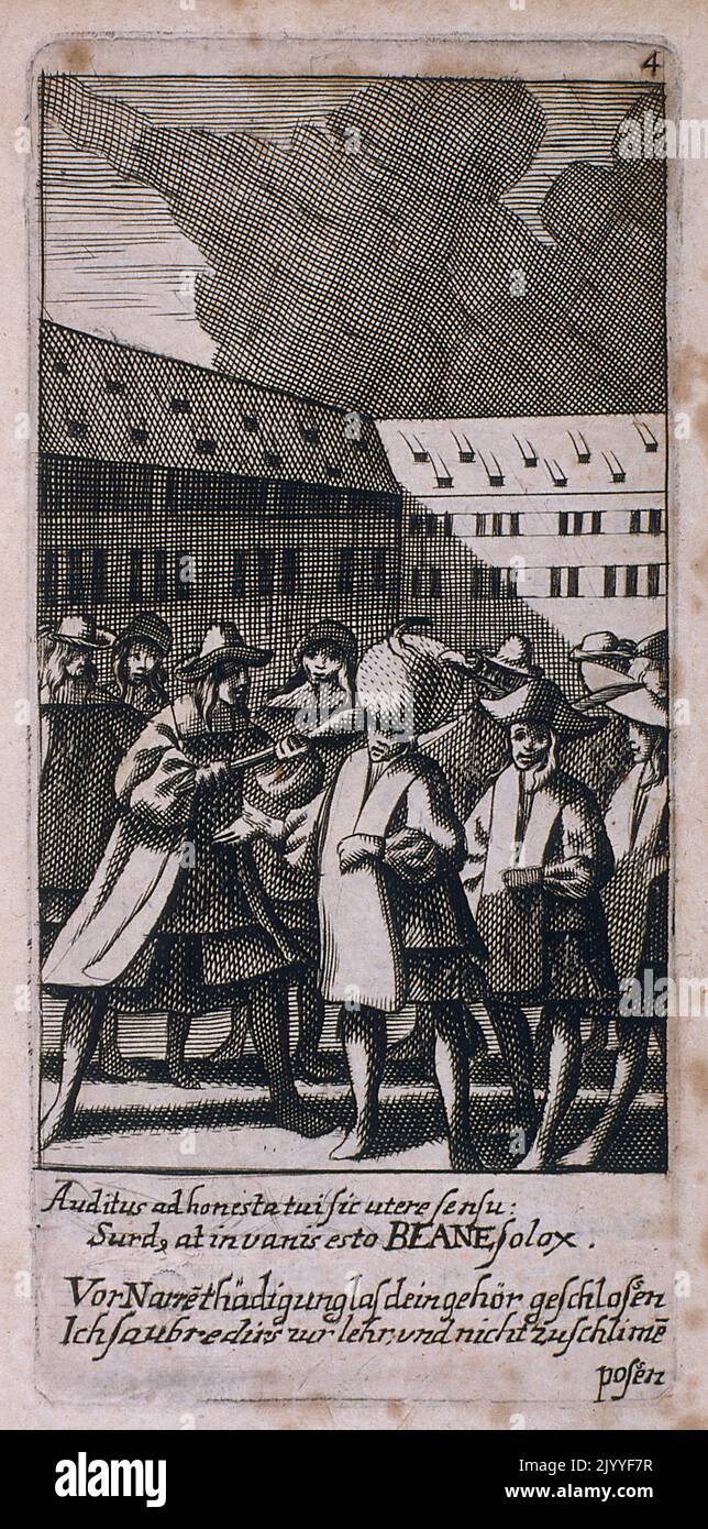 Incisione in stile medievale raffigurante un uomo minacciato da un club. Foto Stock