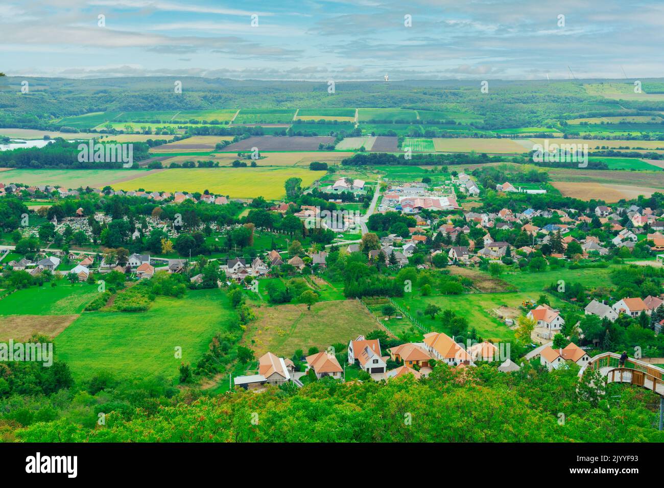 Splendido villaggio con alberi verdi e erba in Ungheria Foto Stock