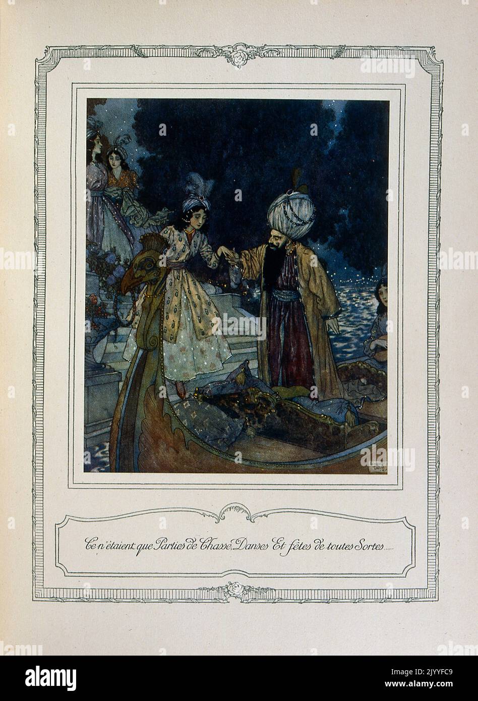 Illustrazione colorata intitolata 'sono andati solo a caccia, ballo e feste'. Illustrato da Edmund Dulac (1882-1953), una rivista naturalizzata francese britannica e illustratore di libri. Foto Stock