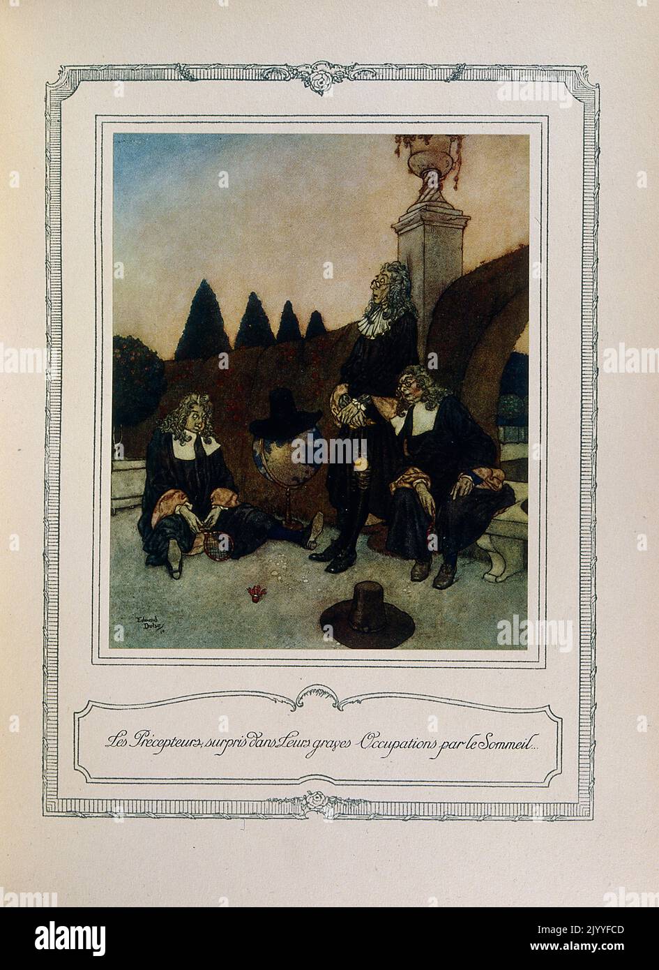 Illustrazione colorata intitolata 'i tutor si sono addormentati'. Illustrato da Edmund Dulac (1882-1953), una rivista naturalizzata francese britannica e illustratore di libri. Foto Stock