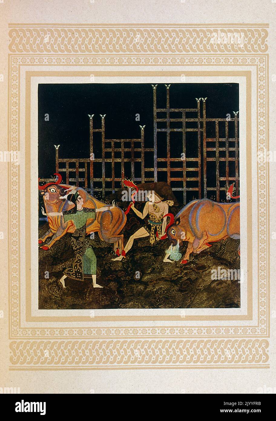 Illustrazione colorata di donne che corrono con tori. Illustrato da Edmund Dulac (1882-1953), una rivista naturalizzata francese britannica e illustratore di libri. Foto Stock