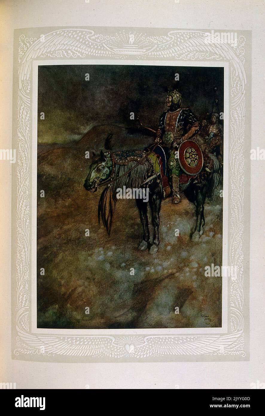 Illustrazione colorata di un guerriero a cavallo. Illustrato da Edmund Dulac (1882-1953), una rivista naturalizzata francese britannica e illustratore di libri. Foto Stock