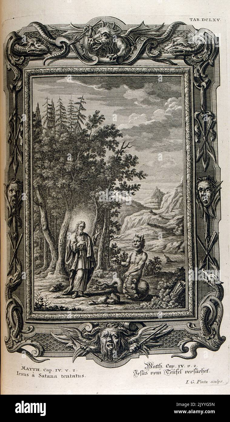 Incisione raffigurante Gesù tentato da Satana nel deserto dal Vangelo di Matteo. L'illustrazione è impostata all'interno di una cornice ornata. Foto Stock