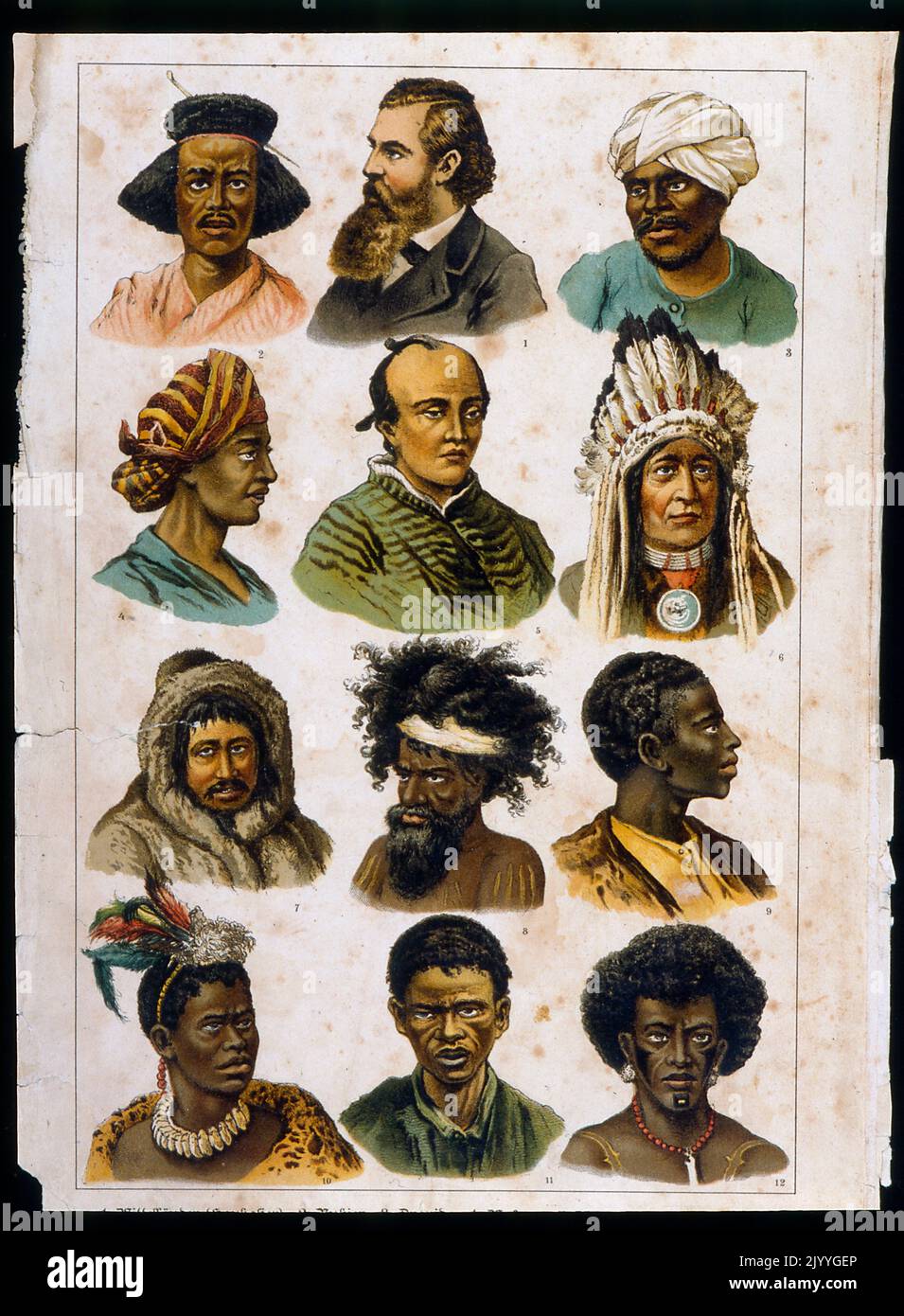 Illustrazione colorata raffigurante dodici diversi volti umani da diversi sfondi etnici. Foto Stock