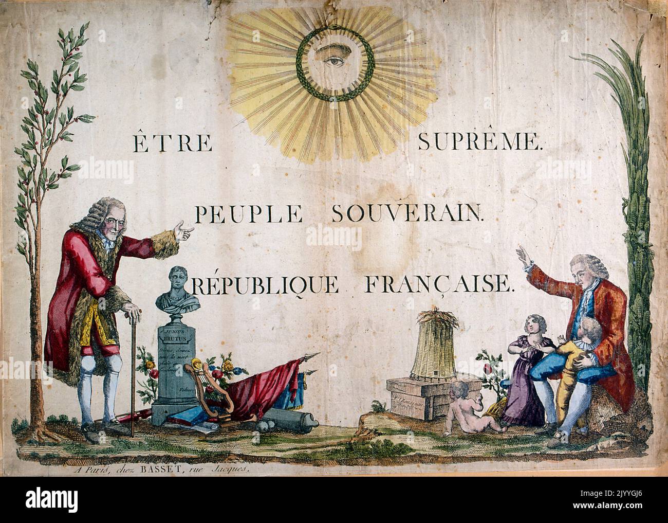 Illustrazione colorata intitolata 'l'essere Supremo, il Sovrano del Popolo, la Repubblica Francese' raffigurante l'occhio di tutti. Foto Stock