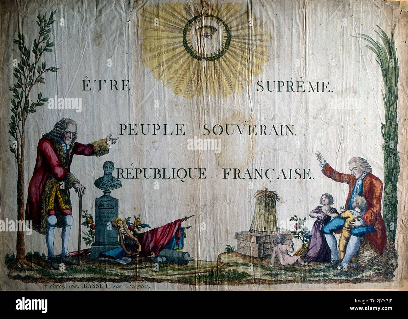 Illustrazione colorata intitolata 'l'essere Supremo, il Sovrano del Popolo, la Repubblica Francese' raffigurante l'occhio di tutti. Foto Stock