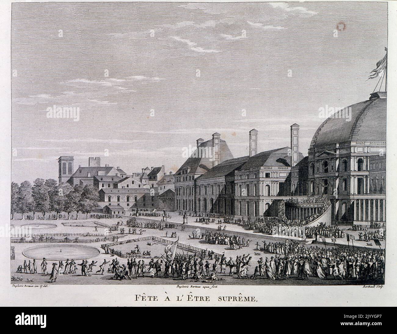 Incisione raffigurante il Festival dell'essere Supremo nell'anno Prairial II del 20 Il calendario repubblicano francese è stato utilizzato per circa 12 anni a partire dal 1793 e ha lo scopo di rimuovere tutti i riferimenti religiosi e reali alla datazione. Foto Stock