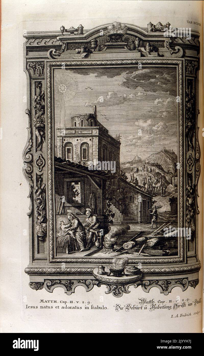 Incisione raffigurante la nascita di Cristo in una stalla (Vangelo di Matteo). L'illustrazione è impostata all'interno di una cornice ornata. Foto Stock
