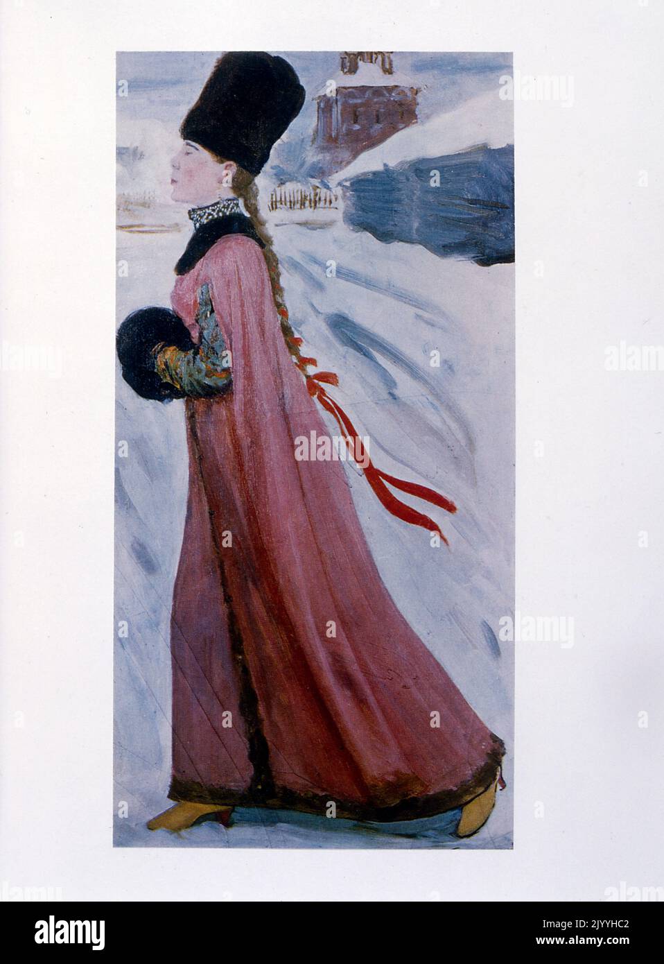 Pittura raffigurante una donna vestita per il tempo invernale. Foto Stock