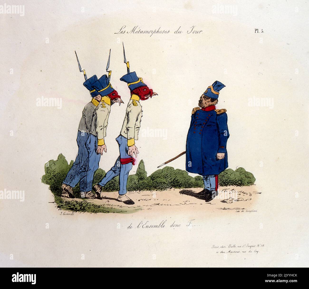 Immagine satirica colorata di un cane vestito in uniforme militare generale che regge un batone. Tre dei suoi soldati gli inciampano in modo disonesto. Di Pierre Langlume (1790-1830), artista francese. Foto Stock