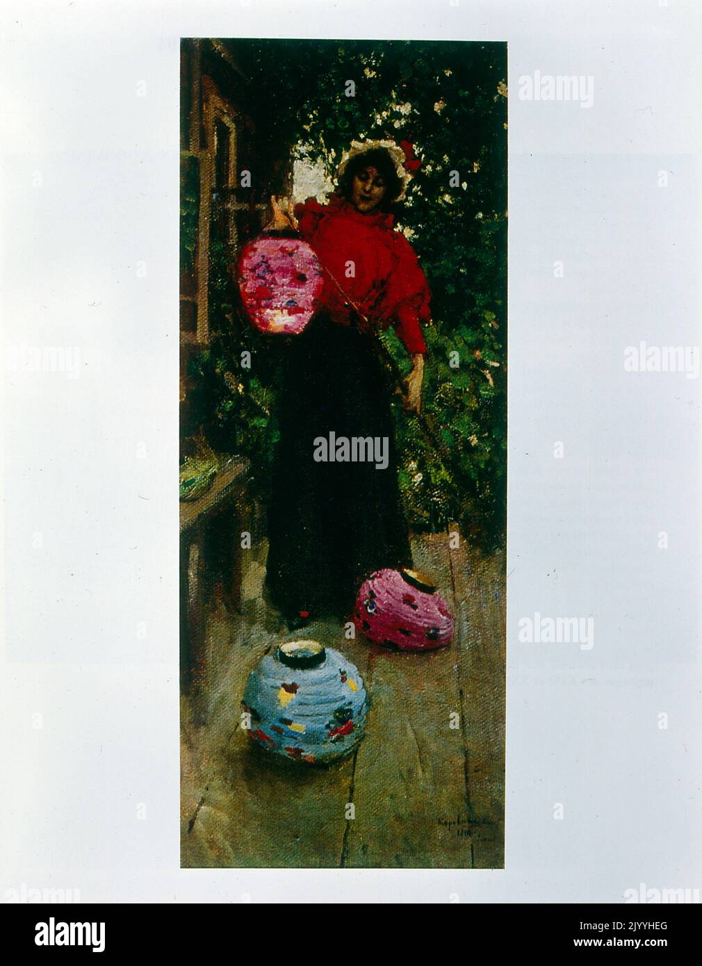 Dipinto ad olio raffigurante una donna con lanterne nella sua casa. Foto Stock